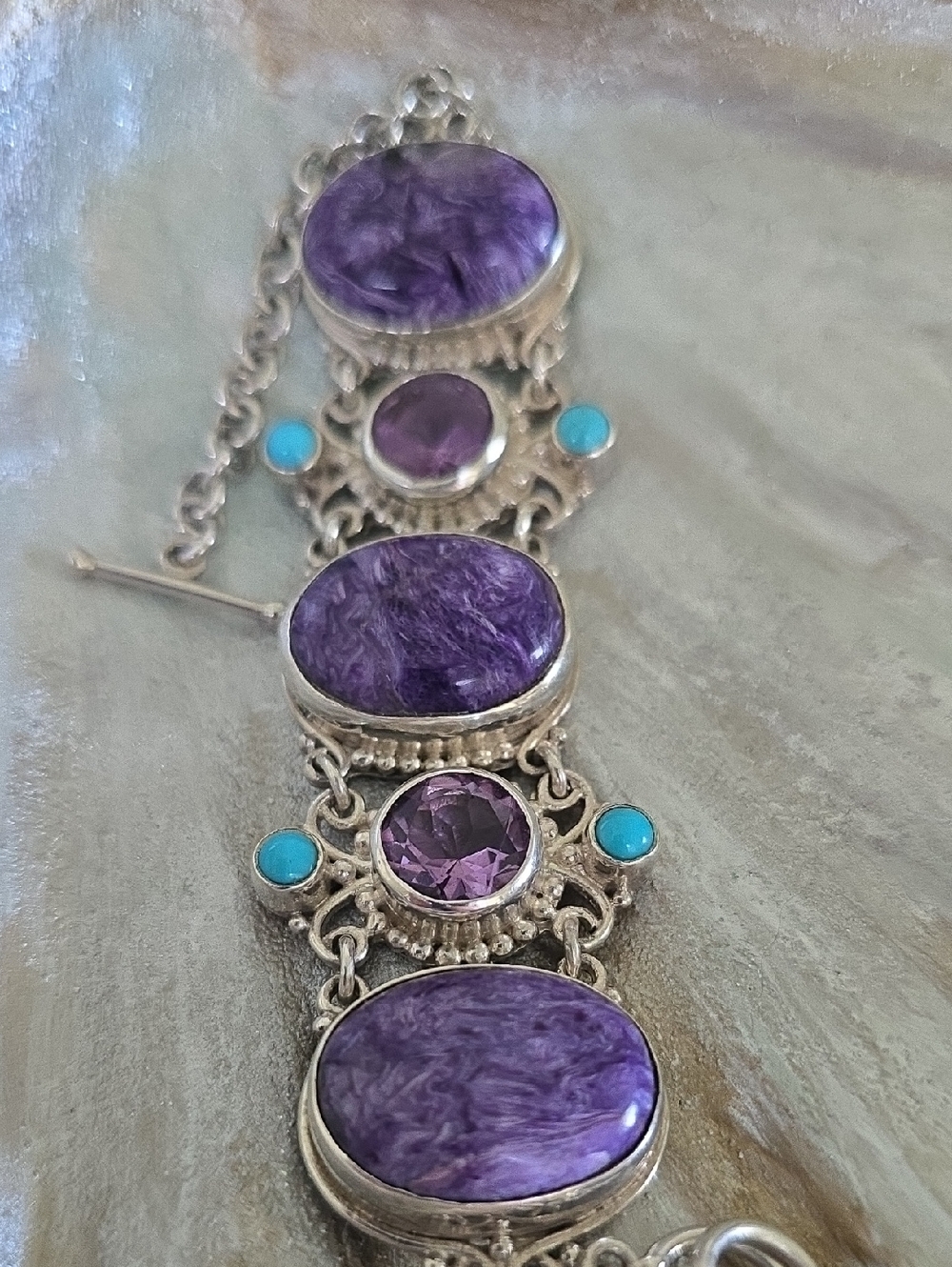Sajen Sterling Charoite, Amethyst, and Turquoise Accent Bracelet - Picture 3 of 6